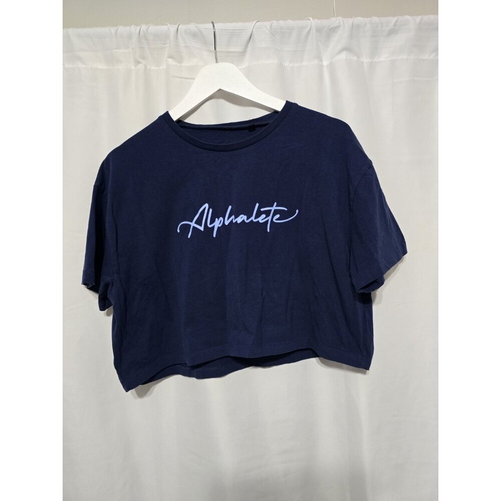 Alphalete Cropped Signature Logo Tee, Navy Blue, Size Large, Activewear.